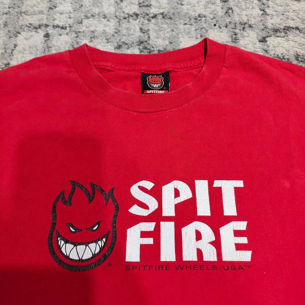 Vintage 90s Spitfire Wheels T Shirt Mens XL Red Big Logo Skate Tee Ride Fire